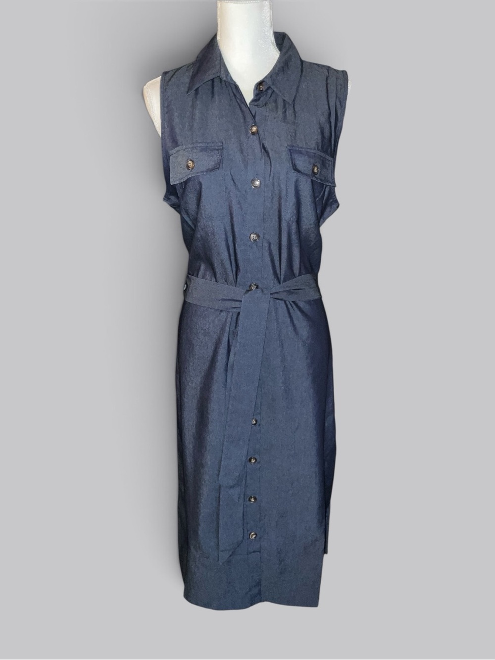 Sleeveless Navy Button-Front Midi Shirt Dress with Self Tie, NEW